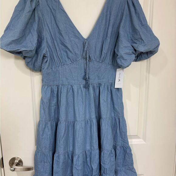 NWT Jessica Simpson Boho Chambray Puff Sleeve Dress. Prairie Style Ruffle - SM - Picture 3 of 7